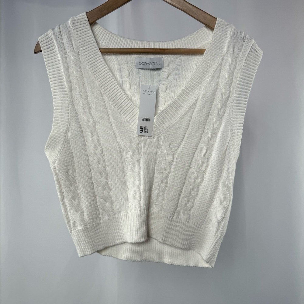NWT Bonhomia Cable Knit V Neck‎ Cropped Top in White Size Large